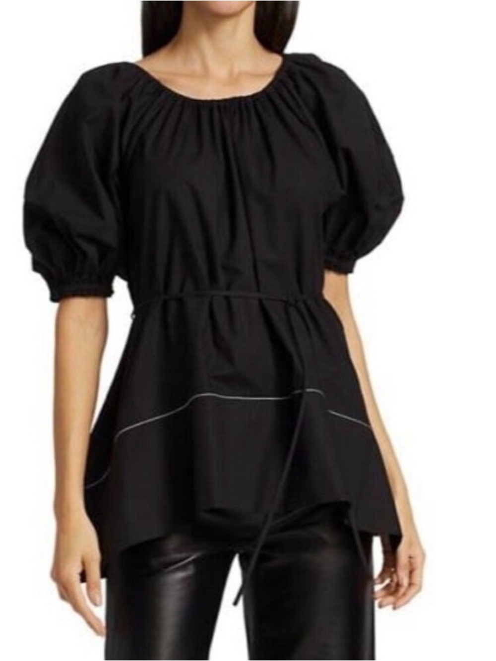 Proenza Schouler Puff Sleeve Tie-Waist Blouse Poplin Contrast Stitch Black 10